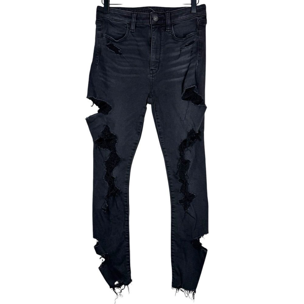 American Eagle Super High Rise Jegging Jeans Black Distressed Stretch Size 6